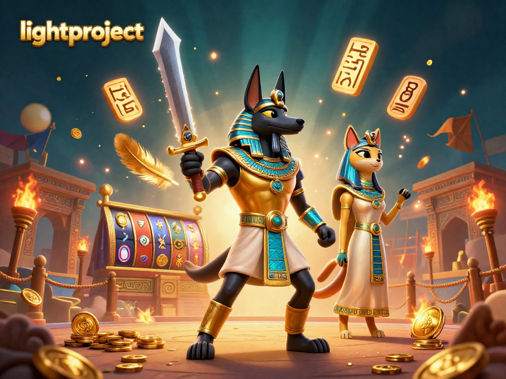 Experience the excitement at lightproject's colorful slot casino with Anubis and Bastet amidst dynamic game elements.