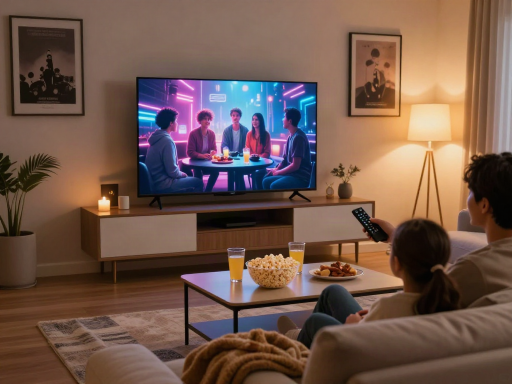 Le téléviseur Atlas pro ontv affichant un film dans un salon confortable, ambiance chaleureuse.