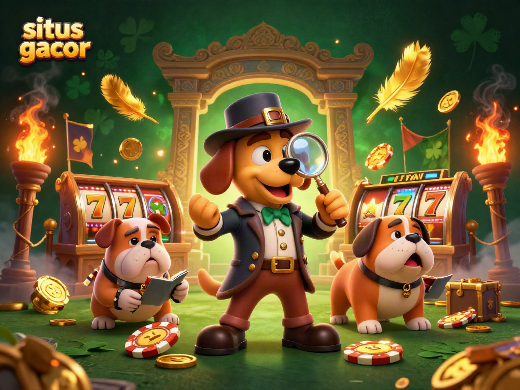 Engage with situs gacor using a detective theme, showcasing a bloodhound and bulldog amidst slot game elements.