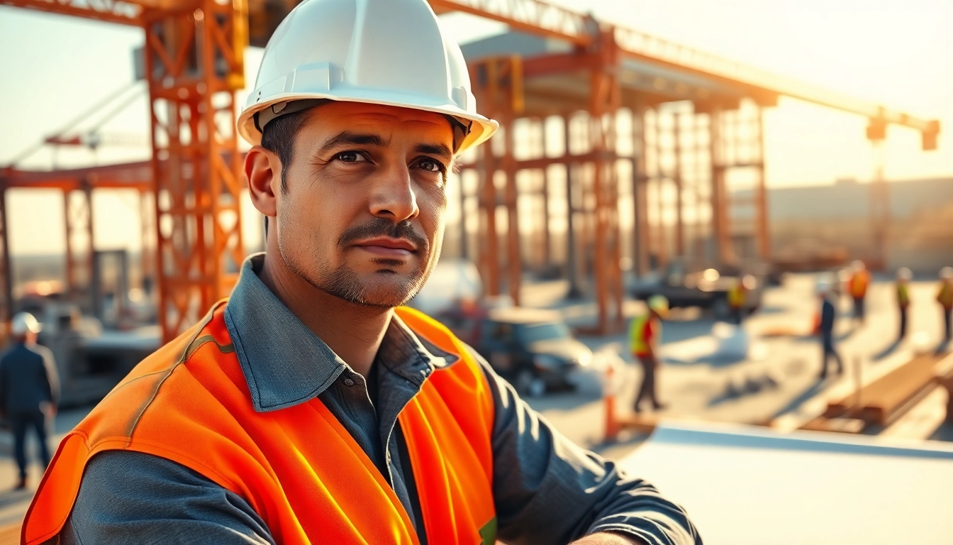 New Jersey Construction Manager analyzing blueprints on a busy construction site