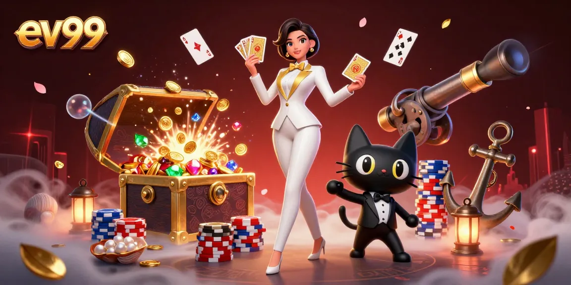 Experience thrilling action at ev99 with a glamorous dealer shuffling cards amidst vibrant casino treasures.