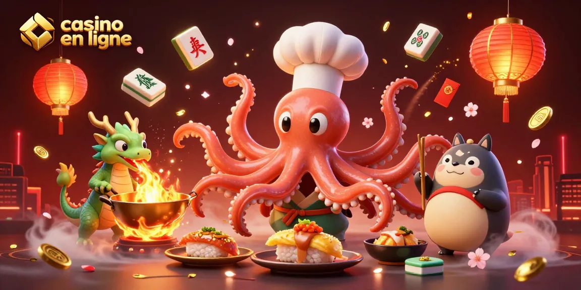 Jouez à des jeux de casino en ligne avec cet octopus chef préparant des plats d'or.