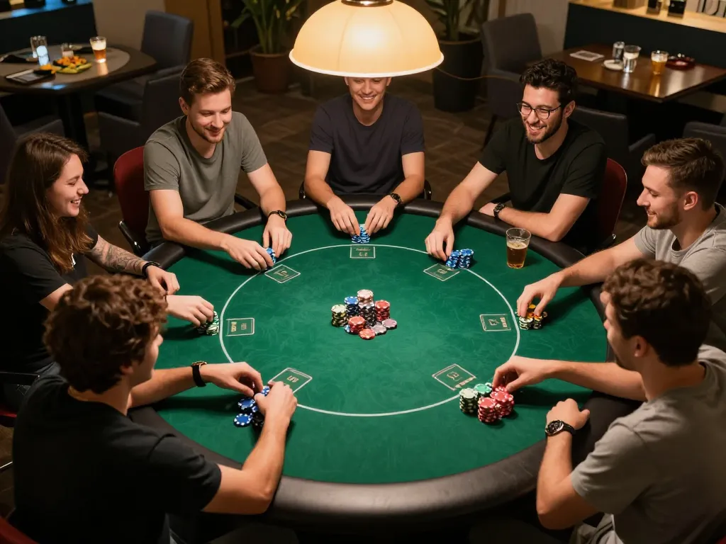 Players enjoying poker at HUBET with vibrant chips and drinks in social atmosphere.
