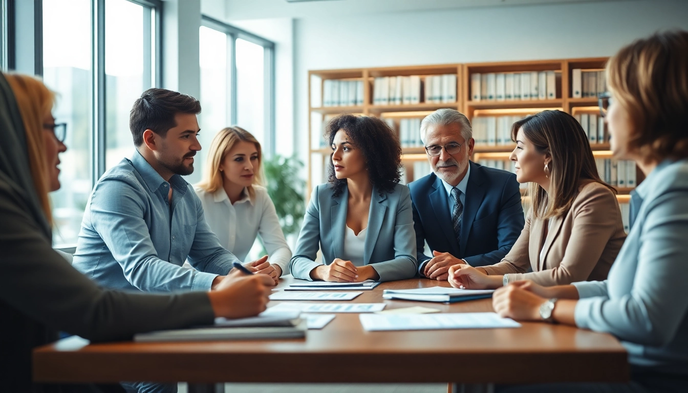 Engaging financial advisors discussing strategies in a modern office setting.