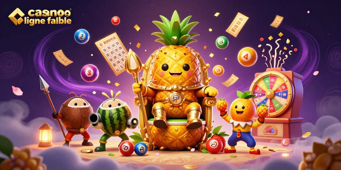 Plongée dans l'univers du casino en ligne fiable avec un roi en ananas doré et des éléments de loterie.