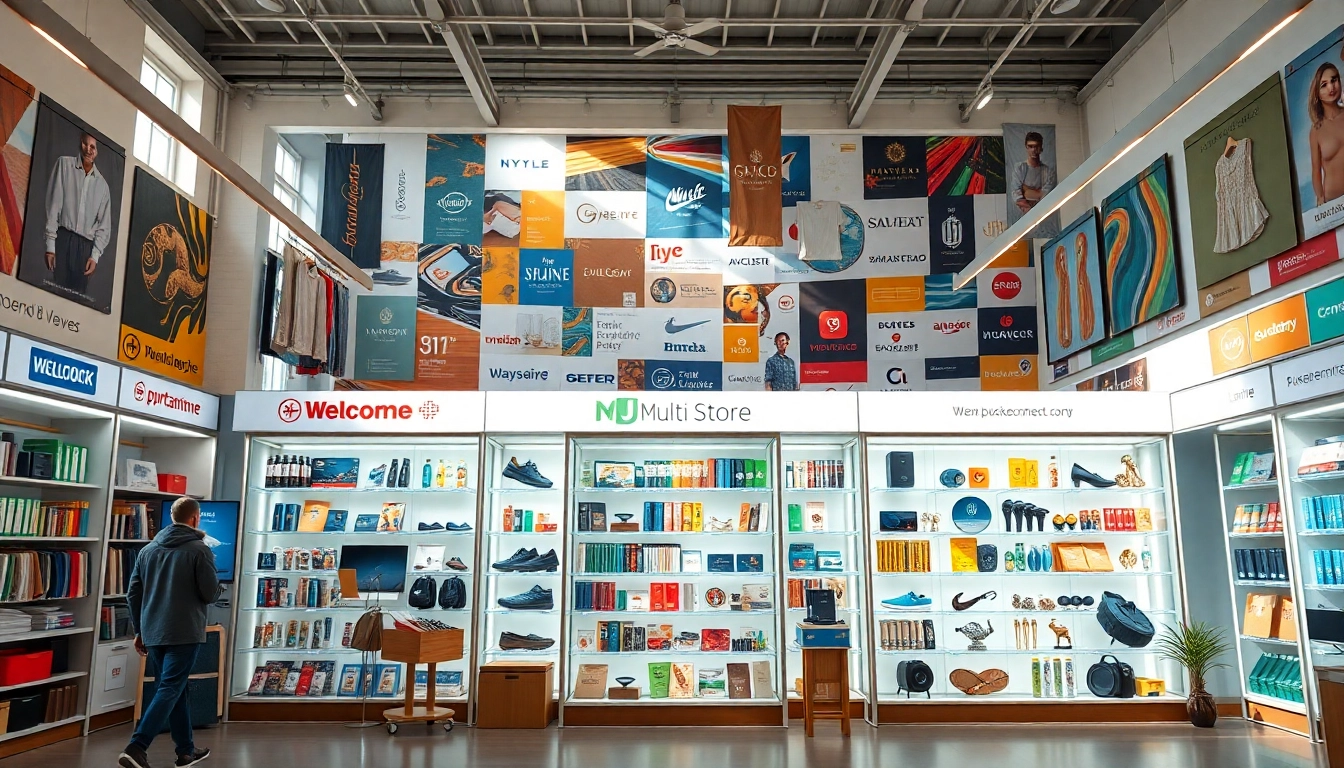 Engaging Multi-Store ecommerce layout featuring diverse products and a vibrant marketplace atmosphere.