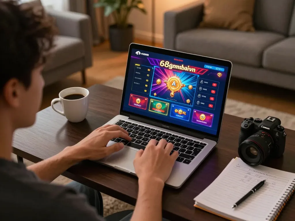 Player exploring 68gamebaivn online casino in cozy living room with exciting gaming graphics
