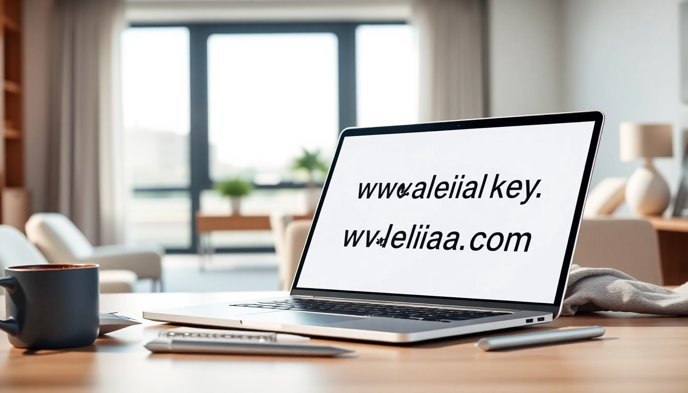 View of a professional workspace with the website Www.valenciakey.com displayed on a laptop screen.