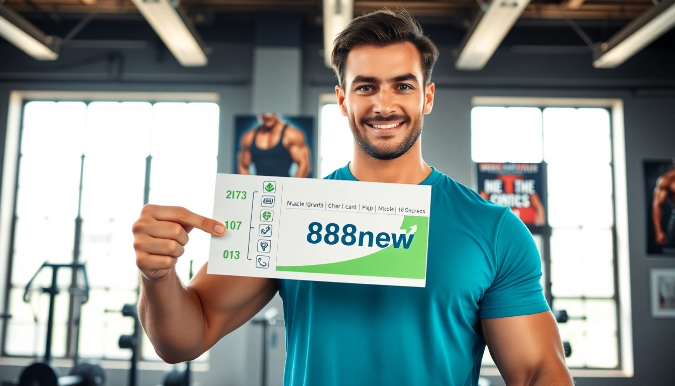 Illustration of a fitness trainer highlighting the 888new muscle growth chart in a modern gym.