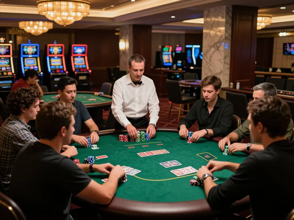 Poker players strategizing their bets at a casino table, showcasing the excitement around Da88 gaming