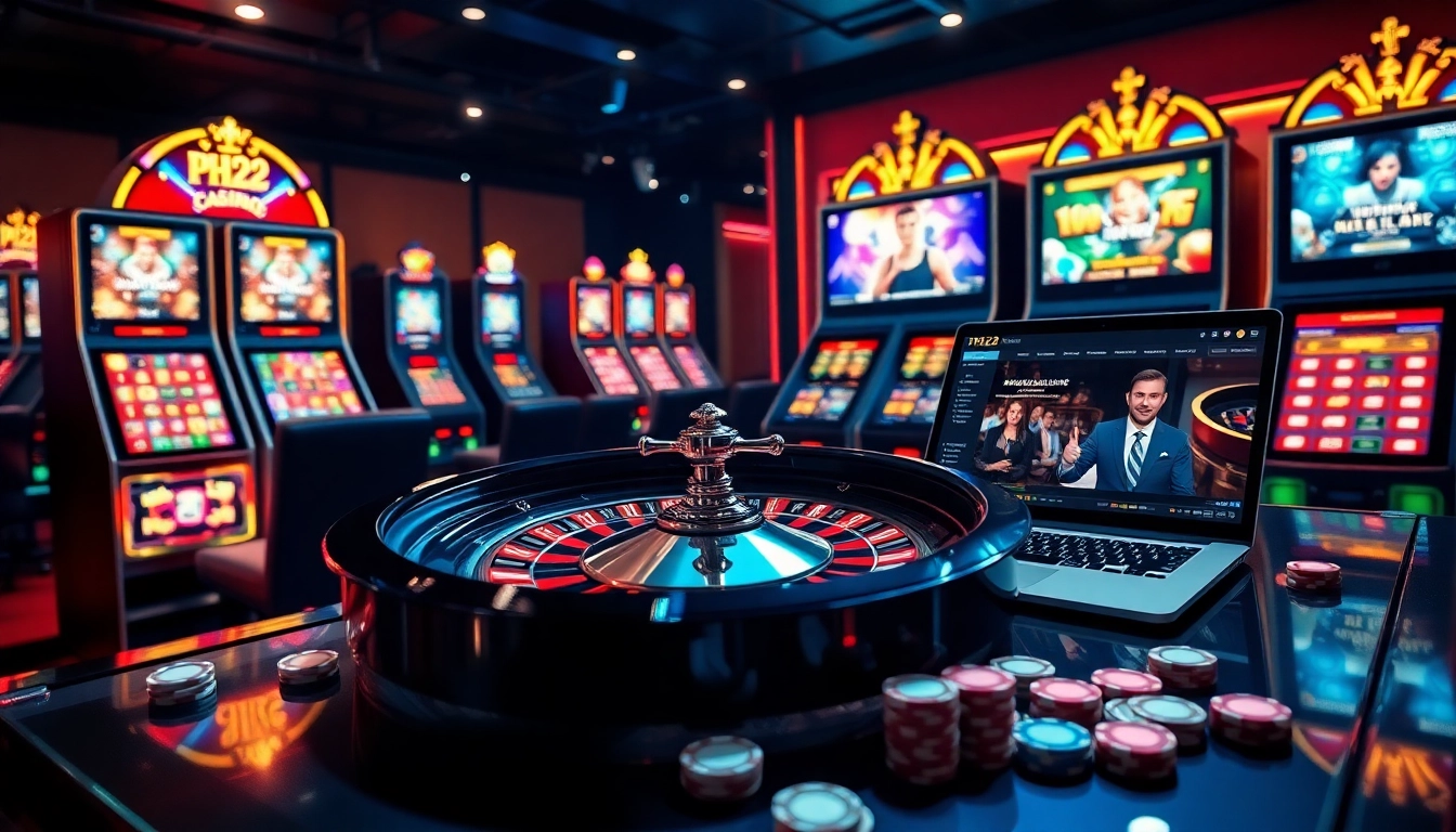 Experience thrilling gaming at PH22 with a vibrant casino scene, featuring roulette and slot machines.