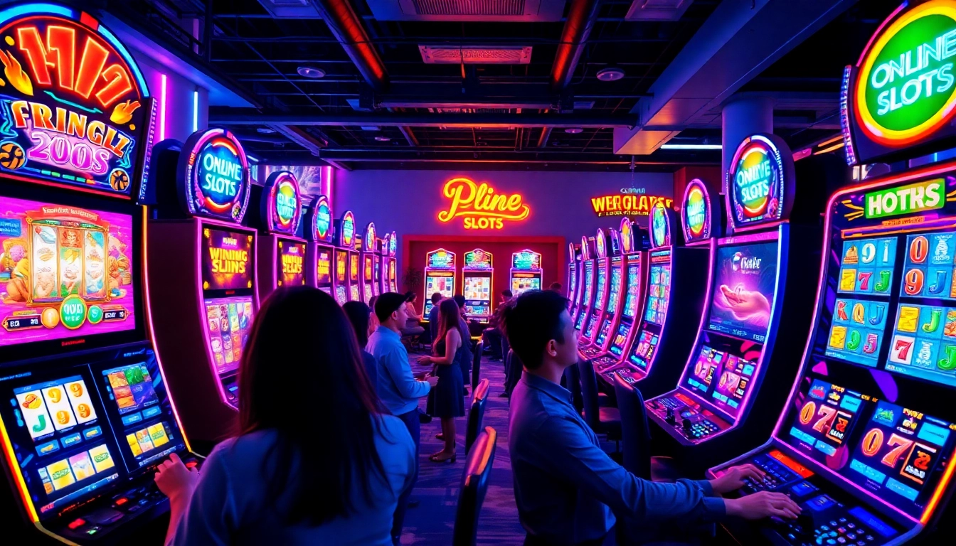 Menggambarkan petanitoto dengan pemain yang terlibat dalam permainan slot online yang penuh warna.