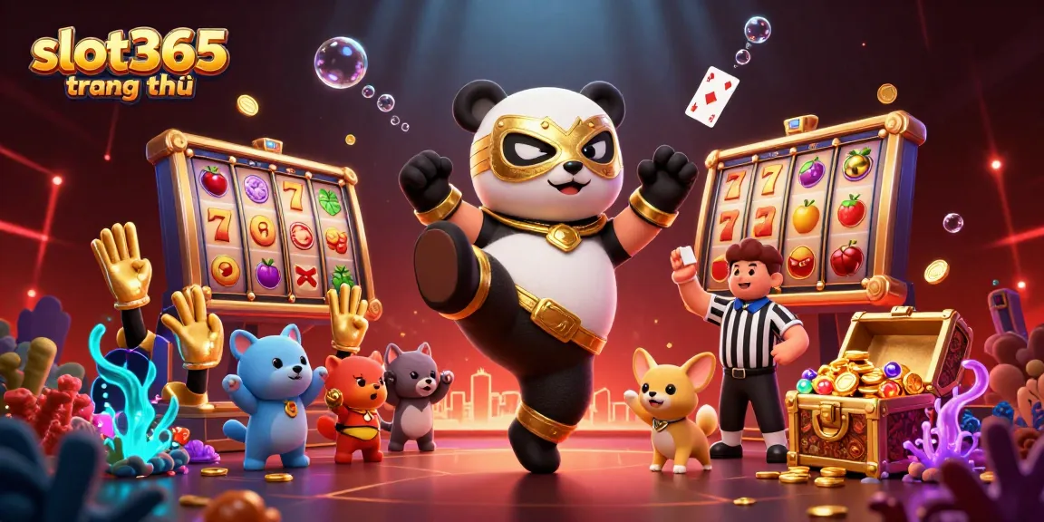 Experience the excitement at slot365 trang chủ with the panda wrestler and animal fans celebrating the jackpot.