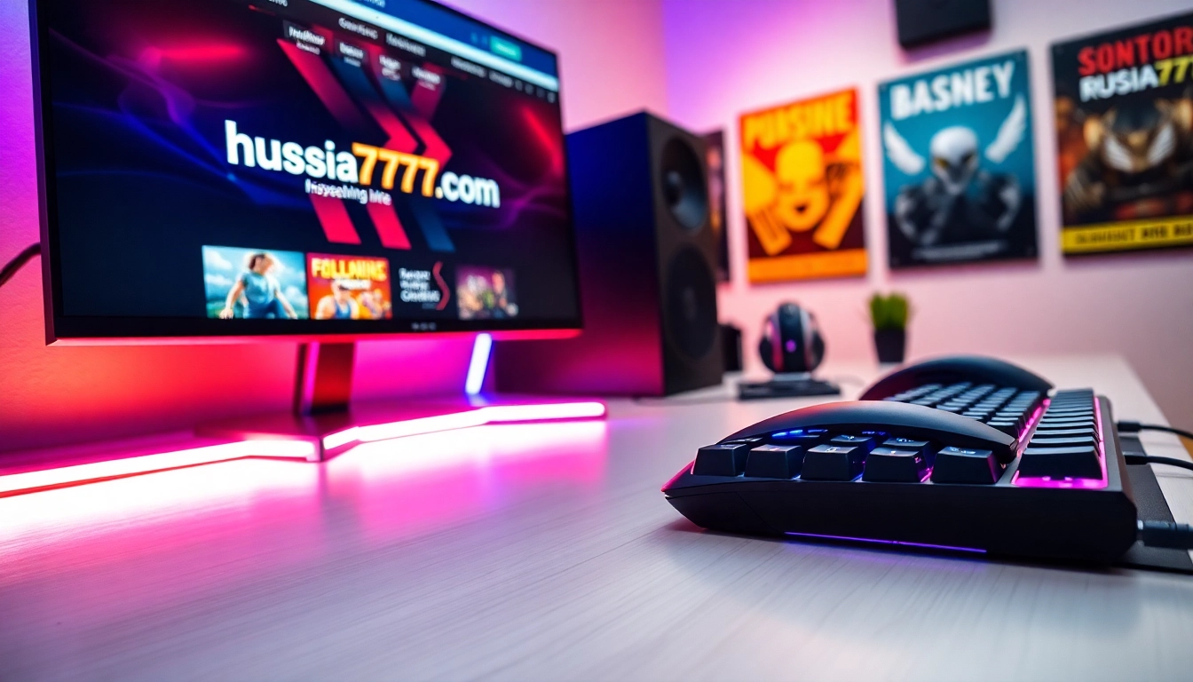 Join the excitement at https://rusia777.com with a modern gaming setup showcasing a vibrant LED-lit experience.
