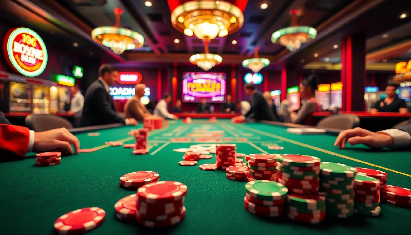 Main game scene on ondel4d with dealers and vibrant casino chips, showcasing a lively gambling experience.