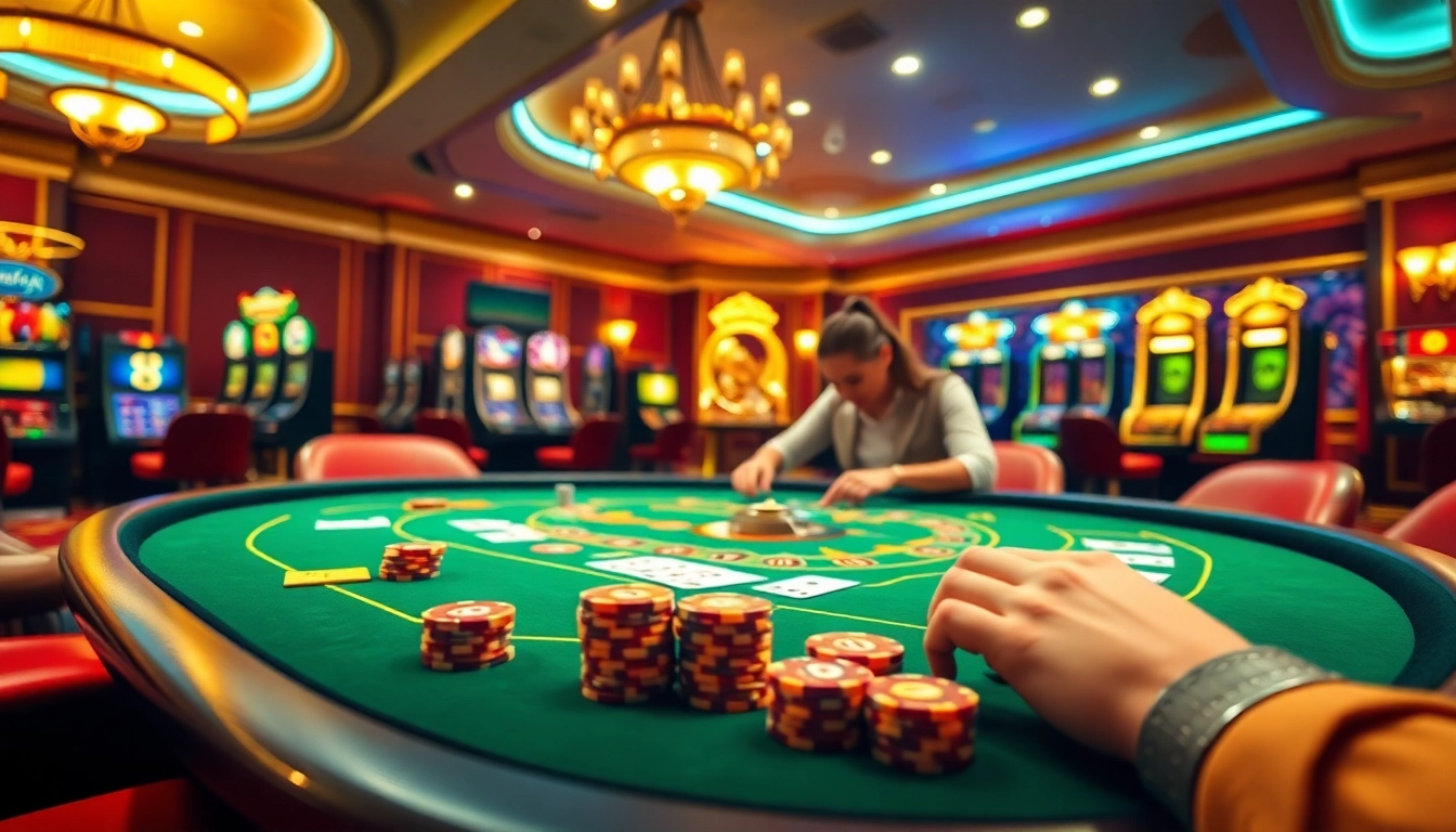 Players winning big at https://j88.gives/ in an exciting casino scene filled with poker chips and slot machines.