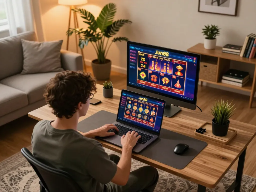 Engaging online player enjoying Jun88 casino games on a laptop at home.