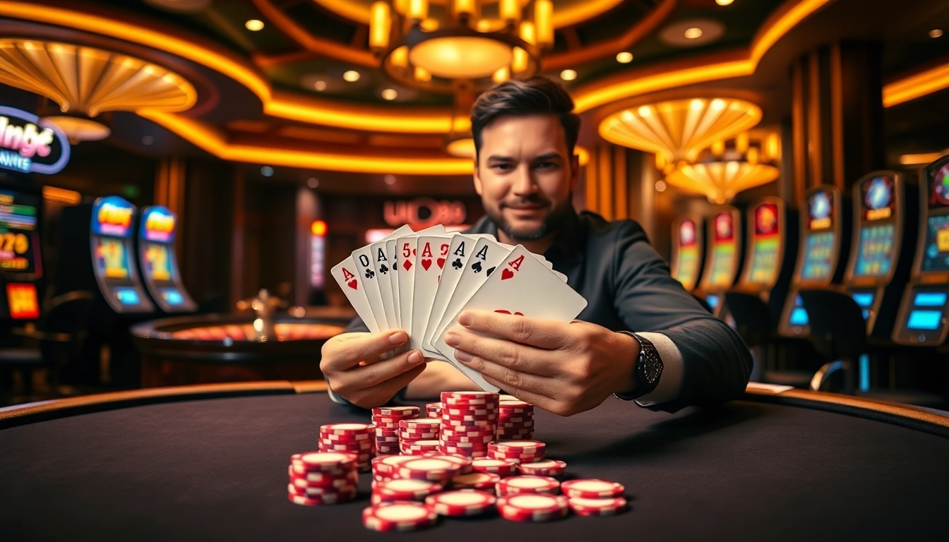 UU88 casino player strategizing at a luxurious poker table with vibrant surroundings.