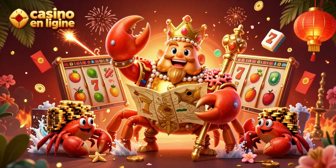 Jouer au casino en ligne avec le roi crabe, entouré de machines à sous et de joyaux.