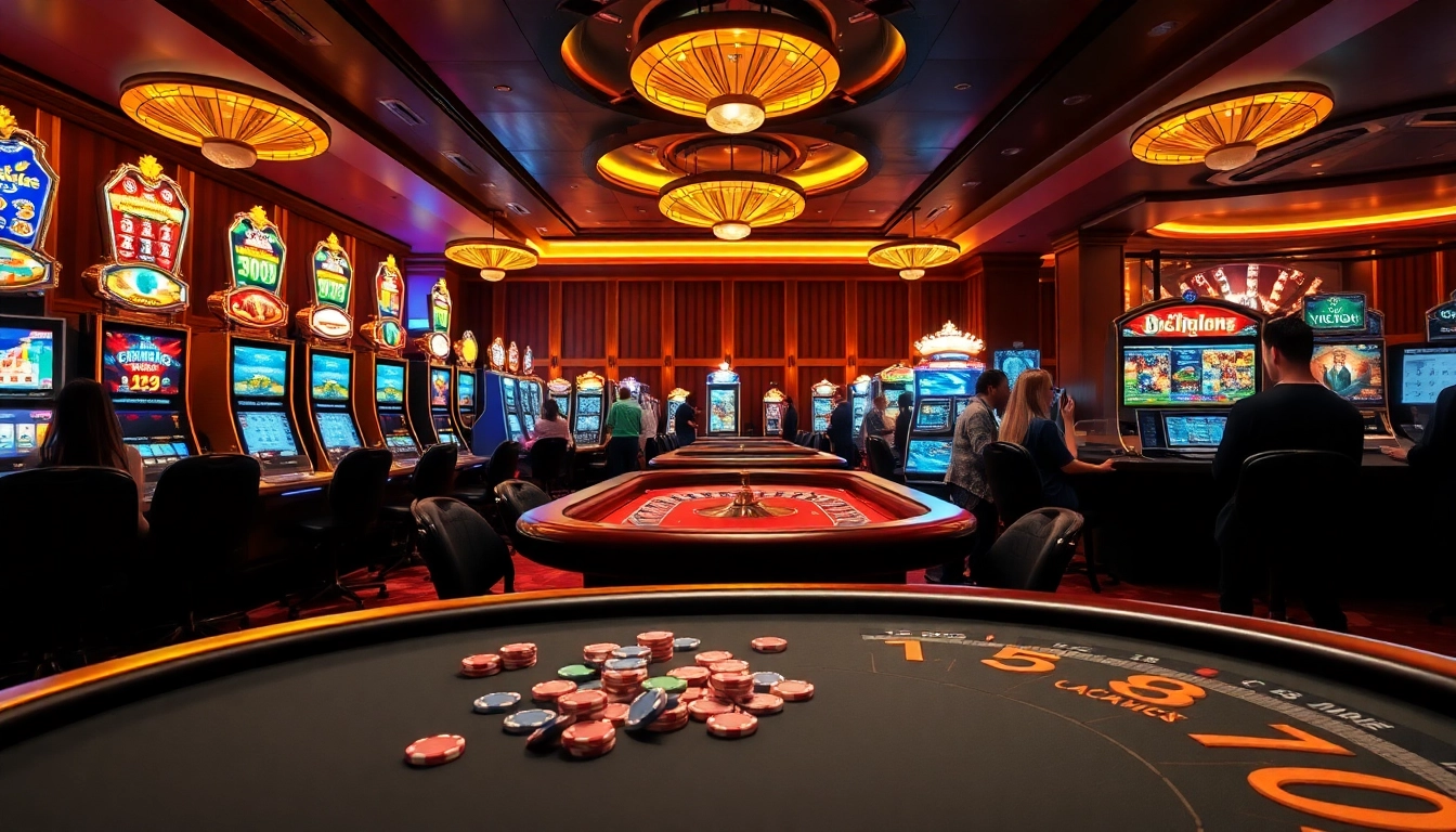 Expérience de casino en ligne avec des joueurs profitant de jeux de croupier en direct et de machines à sous dans un cadre luxueux.