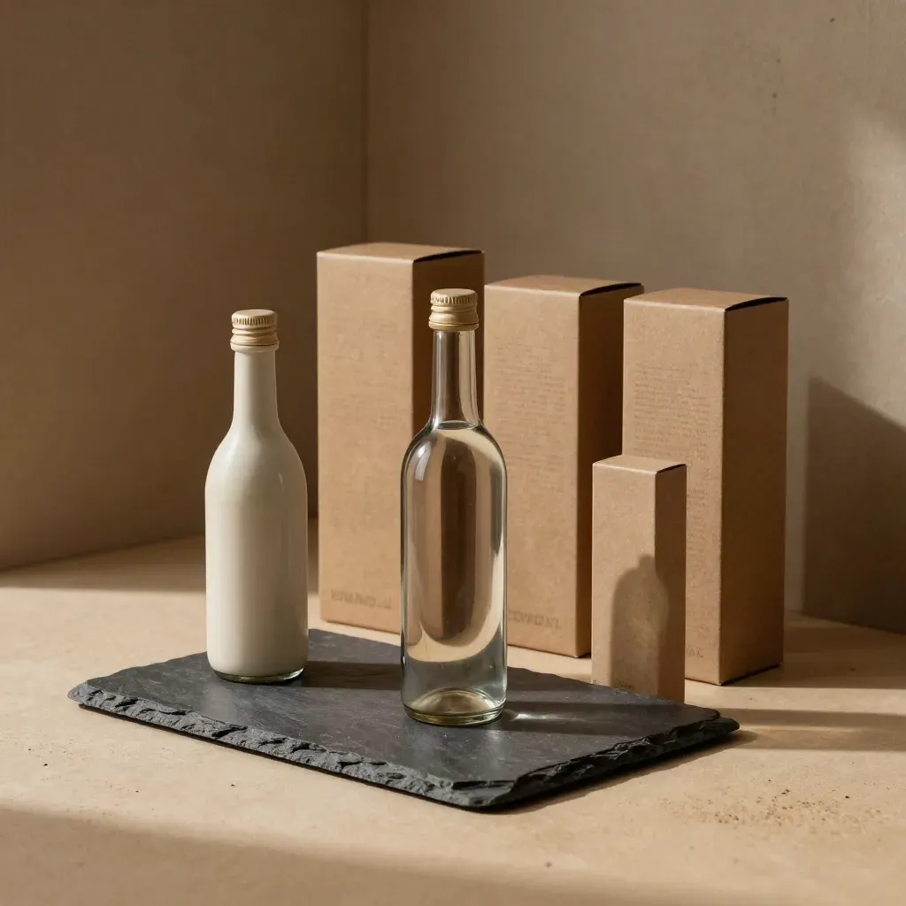 Ready-to-sell product bottles and boxes on slate tile against warm plaster, low and cinematic.
