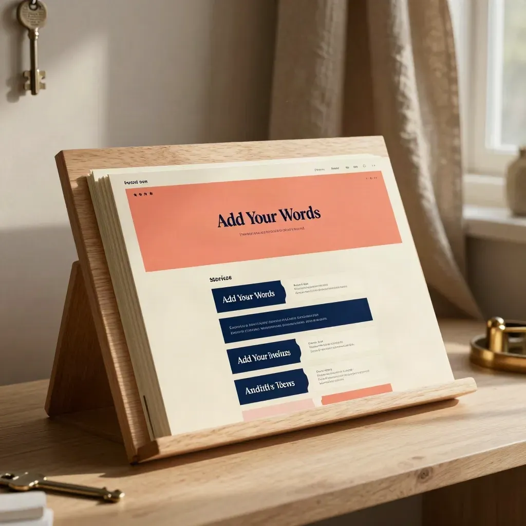 Cream website layout panels on an oak board with navy markers and a coral cover sheet in warm studio light.