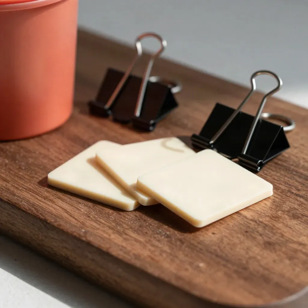 Macro of cream ad-headline cards, coral marker and binder clips on warm walnut.