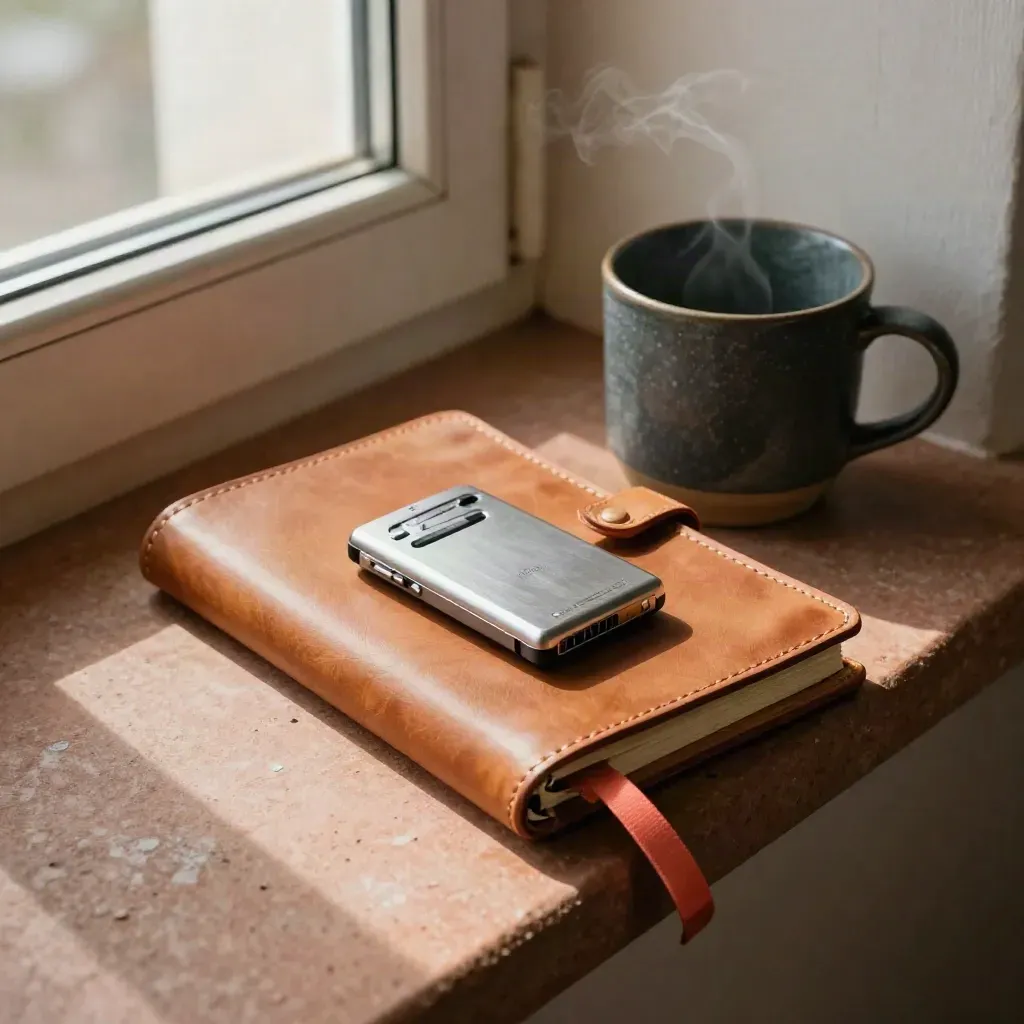 Leather voice journal, audio recorder, coral ribbon and slate mug on a sunlit ledge.