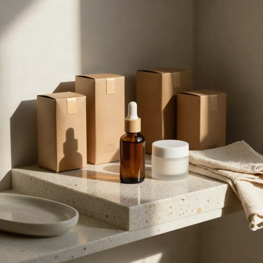 Skincare bottles and shipping cartons on a travertine slab in warm late-afternoon light