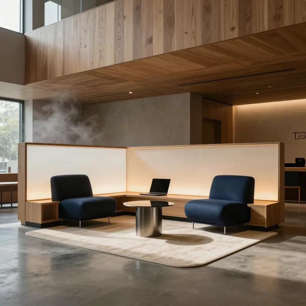 Empty modern demo lounge with glowing glass partition and closed laptop dock