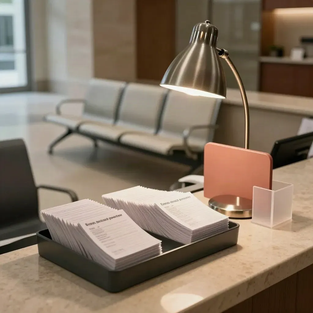 Clinic counter with stacked cards, glowing lamp, and empty bench in a ready reception lobby.