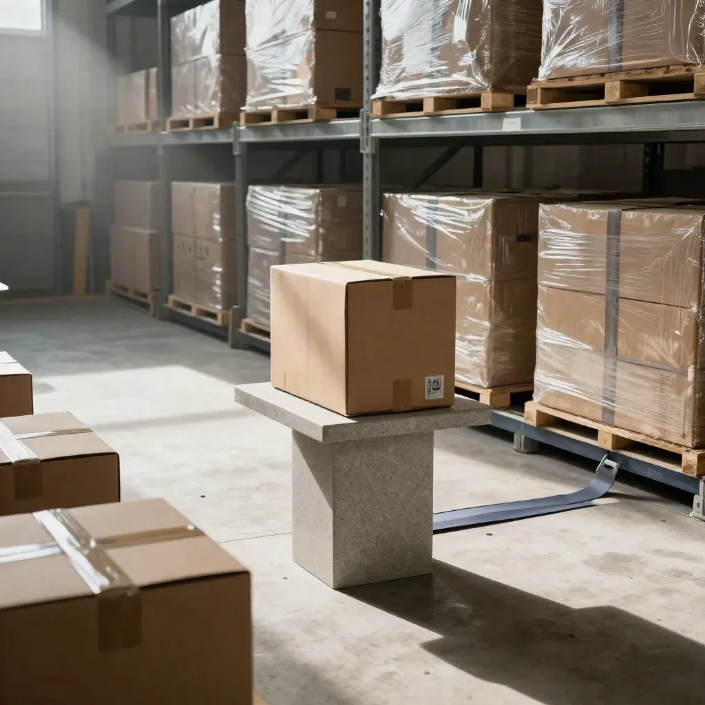 Warehouse launch display with sealed cartons, pedestal, and sunlight cutting through dust.