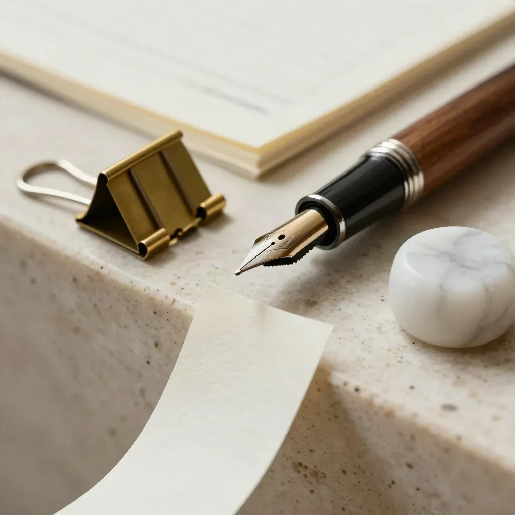 Macro still life of pen, brass clip, notebook and marble paperweight on travertine.