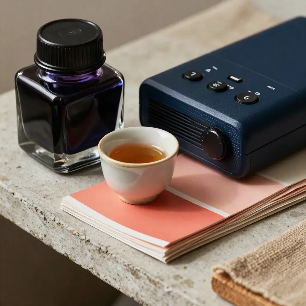 Ink bottle, voice recorder, ceramic cup and coral swatch card on a plaster shelf
