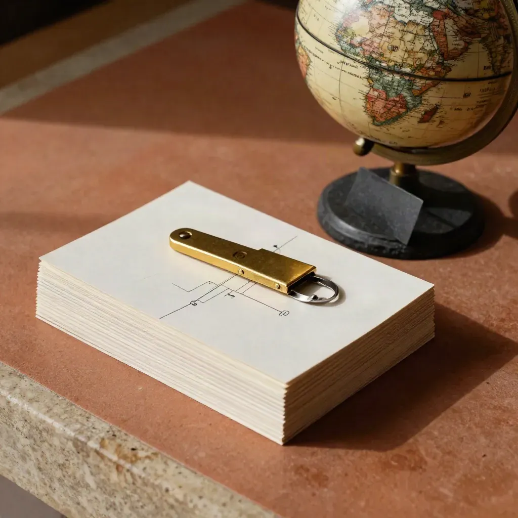 Top-down still life of tabbed research cards, brass opener, globe and slate clip on terracotta.