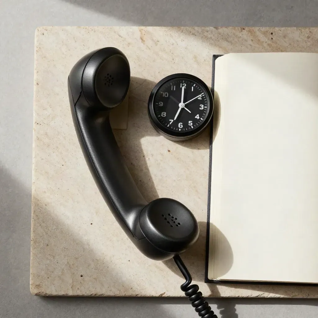 Top-down phone handset, timer dial, and open notebook on pale stone with brass pen cap