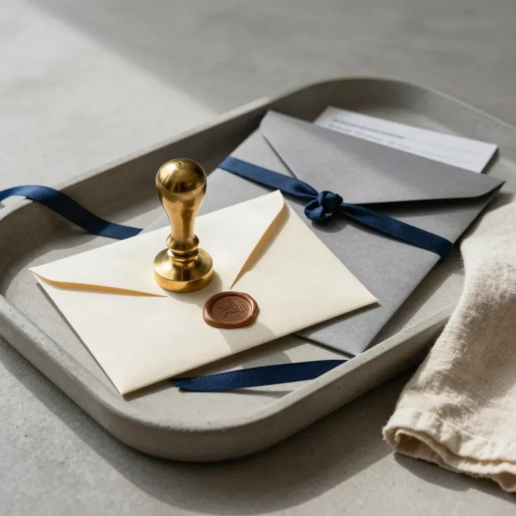 Brass stamp, tied envelope, final folder and navy ribbon on a stone tray.