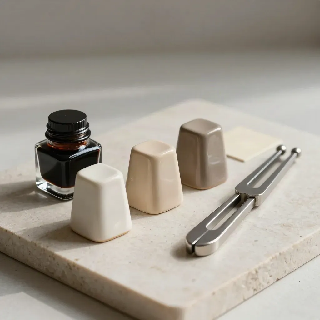 Ceramic tone chips, ink vial, and tuning fork on pale stone in soft side light.