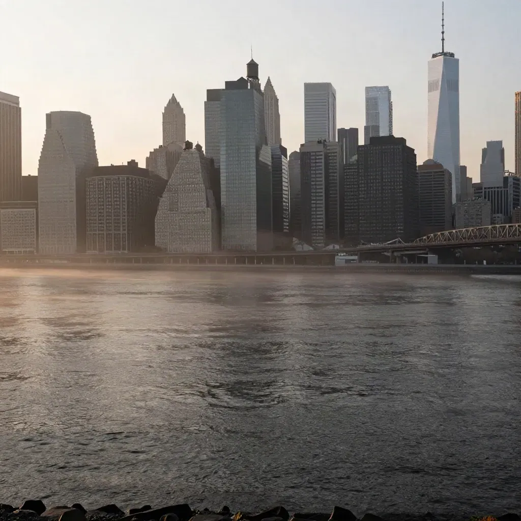 Manhattan skyline and bridge trusses in dawn haze over the dark East River