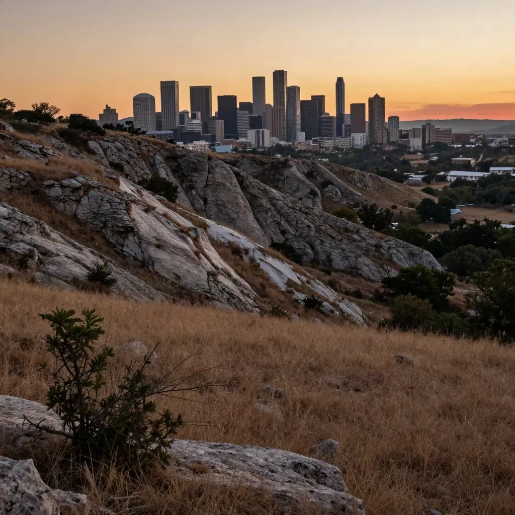 Austin skyline over limestone ridges at sunset with calm open scrub below.