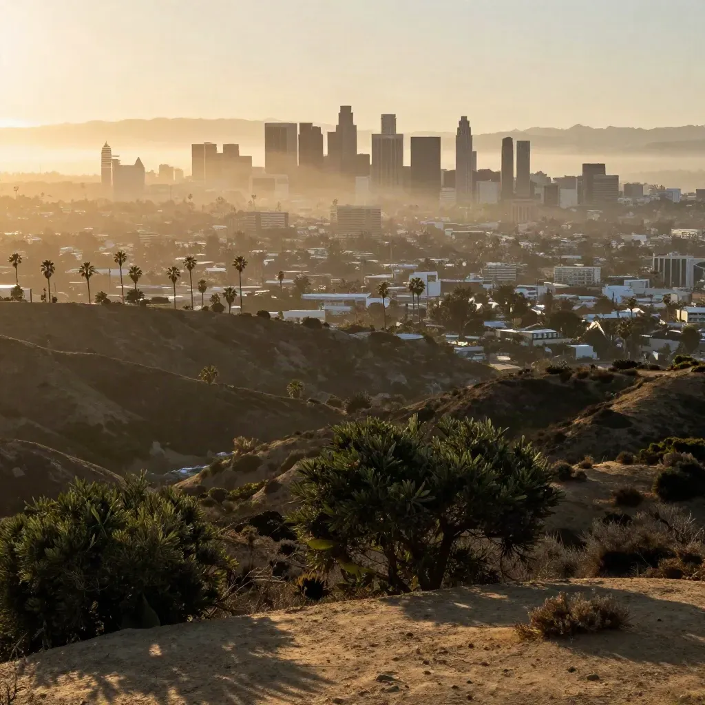 Hazy Los Angeles basin skyline with palms and hills at golden hour over calm coastal scrub.