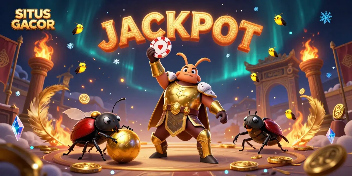 SITUS GACOR showcases a thrilling victory scene with characters lifting poker chips and celebrating jackpots.