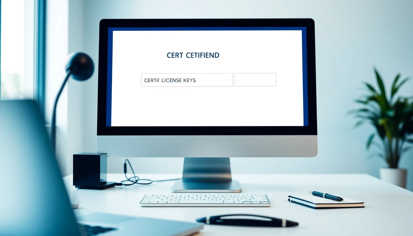 View of certified software license keys displayed on a modern computer setup.