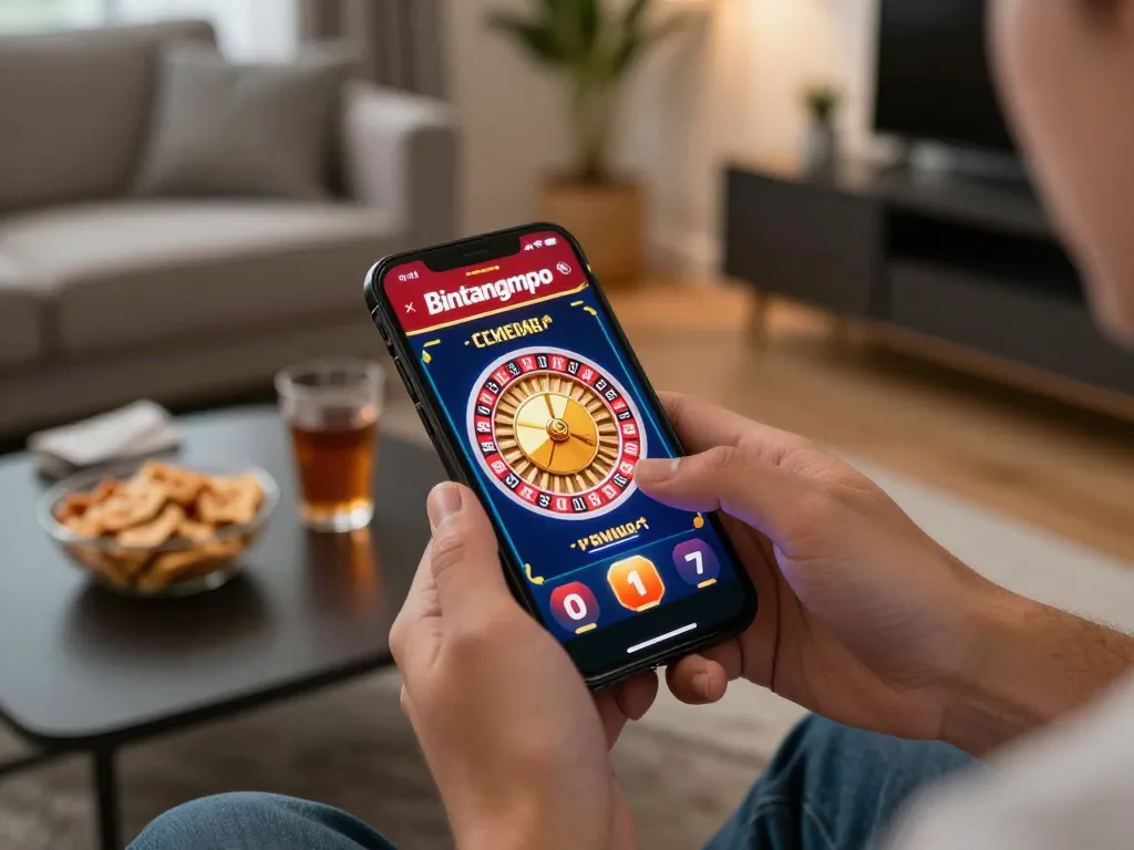Pemain Bintangmpo berinteraksi dengan aplikasi kasino seluler, menampilkan permainan roulette dalam suasana rumah yang nyaman