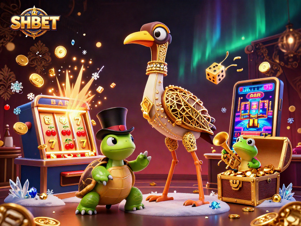 SHBET showcases a vibrant casino scene with a 3D crane, turtle, and frog amidst dynamic gaming elements.