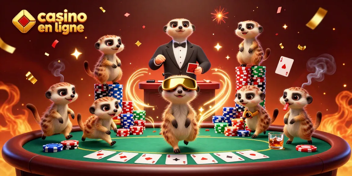 Jouez au casino en ligne avec une illustration colorée de suricates animant des jeux de cartes.