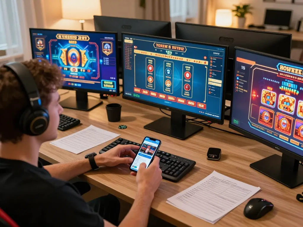 Engaged player using online casino app for 789 win strategies, showcasing a modern gaming setup.
