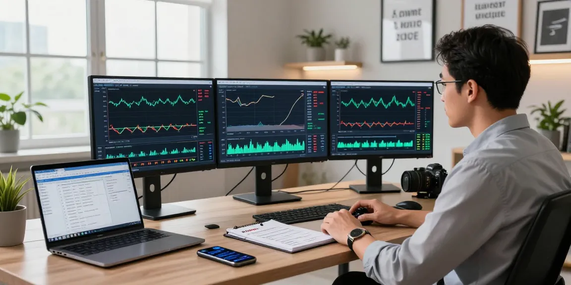 Trader working on MetaTrader 4 platform, analyzing forex charts and automated trading strategies in modern office.