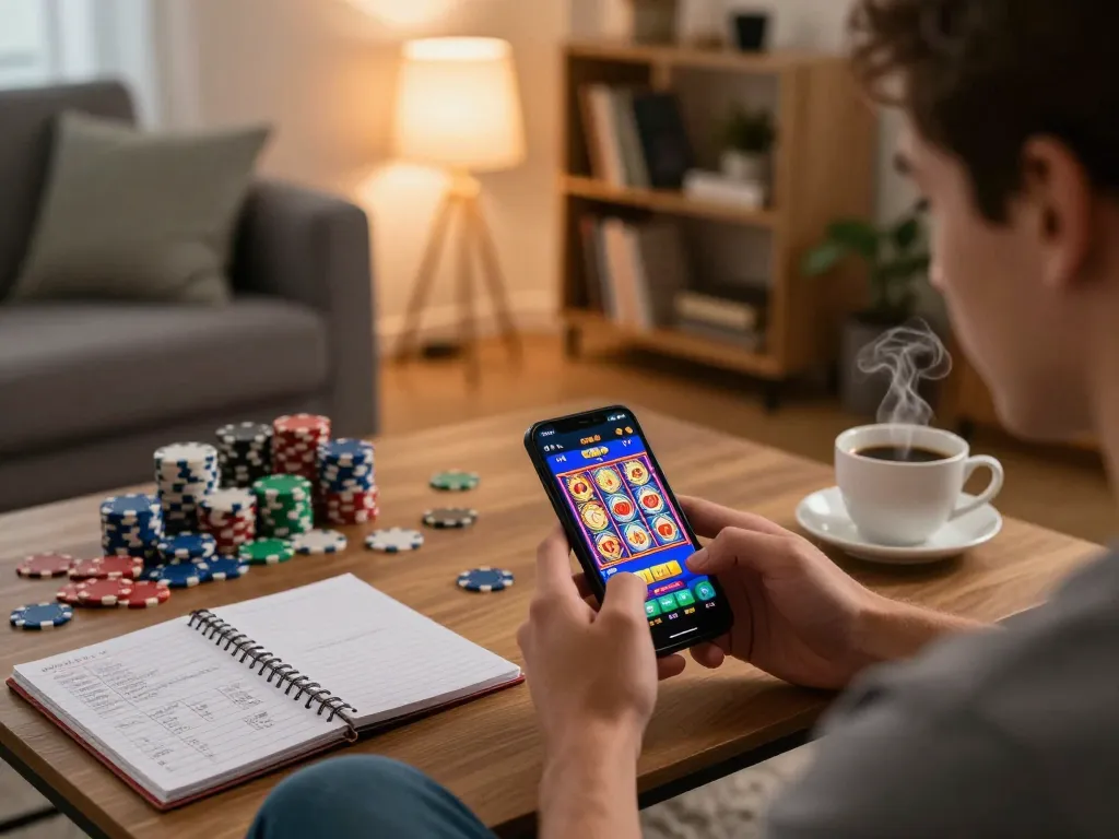 Player enjoying hitclub4 app for online slot gaming from cozy living room with betting notes.