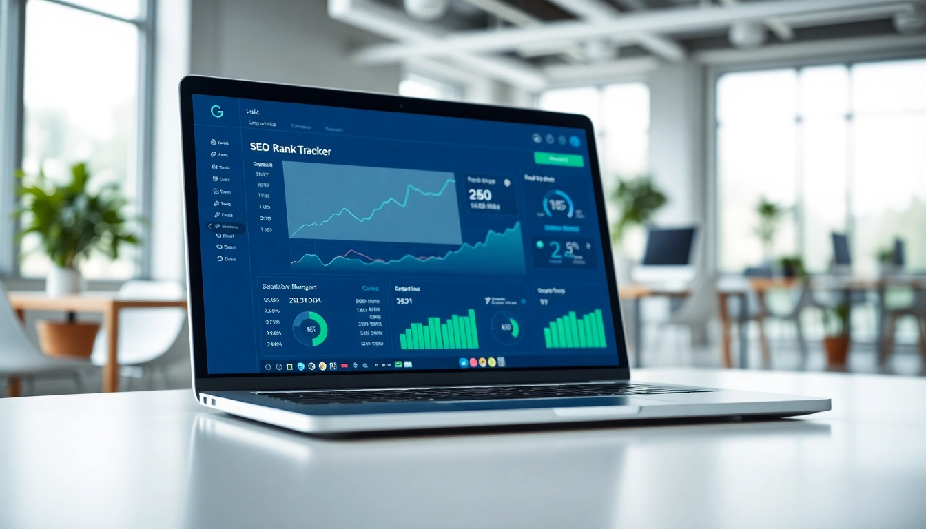 Visualize an SEO Rank Tracker dashboard in a modern office environment with sleek analytics displayed.